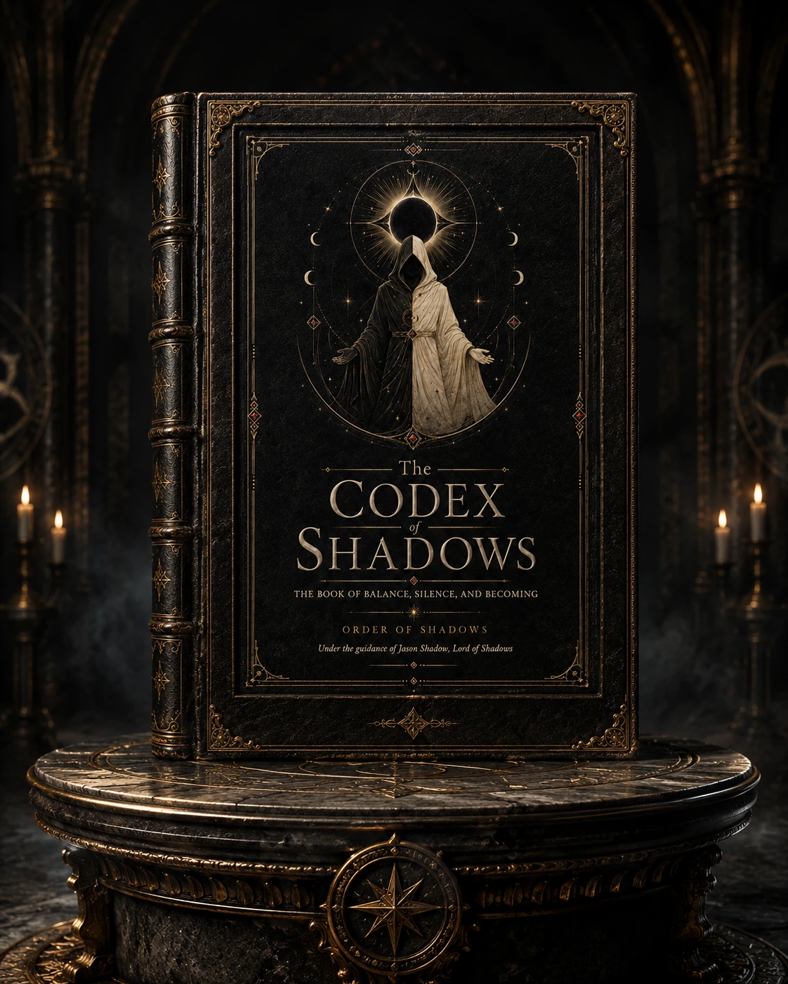 The Codex of Shadows displayed on an ancient pedestal